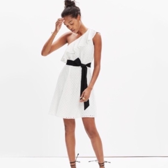 Madewell Dresses & Skirts - Madewell Montmartre White Eyelet One Shoulder Dress Black Waist Tie Medium